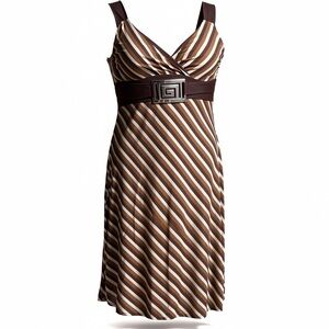Brown & White Striped Gidani Sleeveless Dress With Belted Waist & Silver Buckle